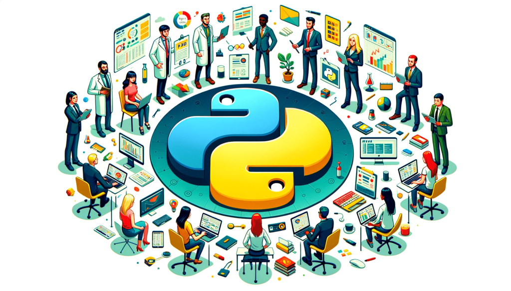 DALL·E 2024 01 19 12.28.48 At the center of the image is a large prominently displayed Python programming language logo. Surrounding the logo are cartoon illustrations of diver